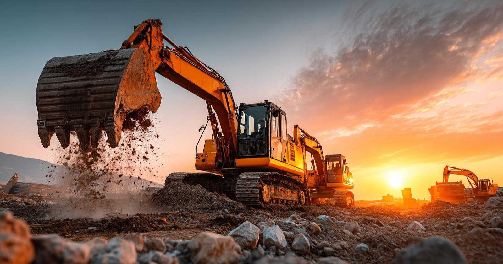 Koparka pracująca na placu budowy w Lubinie podczas robót ziemnych – wynajem ciężkiego sprzętu budowlanego.